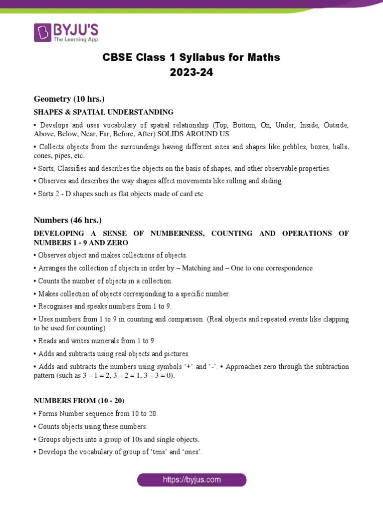 CBSE Syllabus For Class 1 Maths 2023 24 | PDF | Numbers | Mathematics