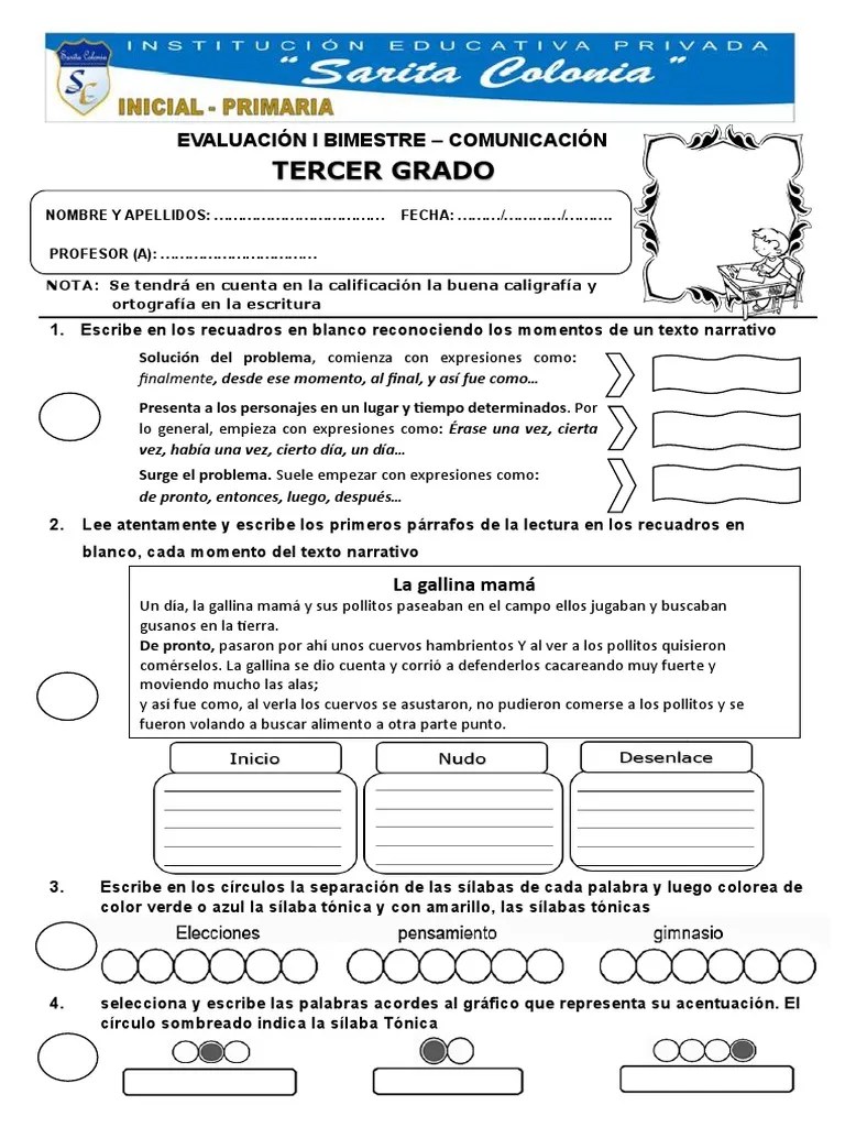 Evaluación I Bimestre Tercer Grado Comunicación | PDF | Sustantivo