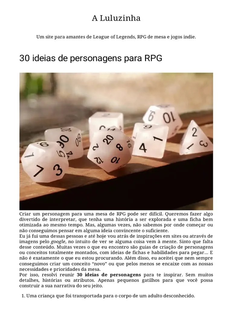 30 Ideias De Personagens Para RPG - A Luluzinha | PDF | Jogos De RPG