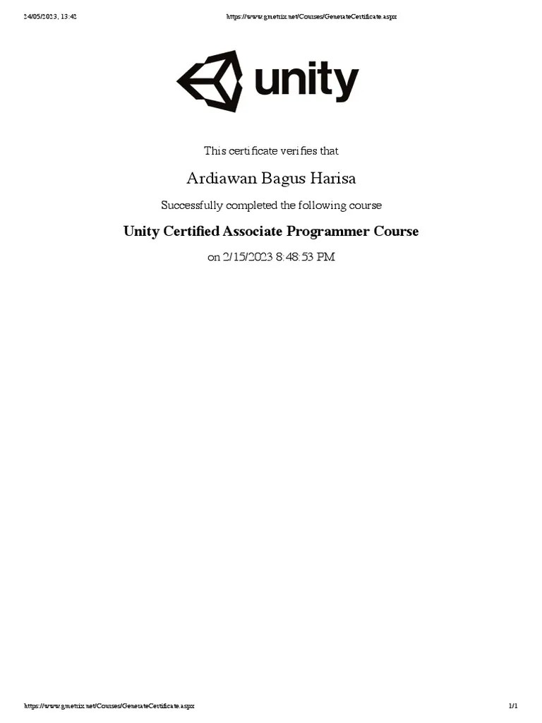 Unity Associate Programmer Course Certificate | PDF | Computers | Business