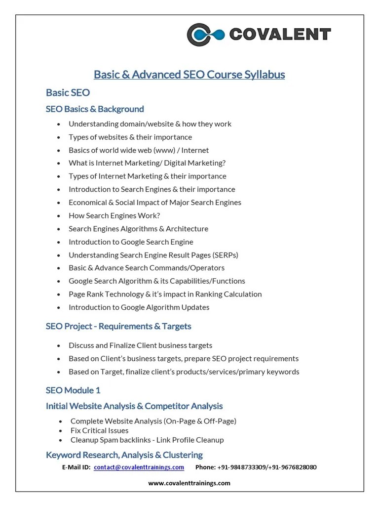 Basic & Advanced SEO Course Syllabus | PDF | Search Engine Optimization ...