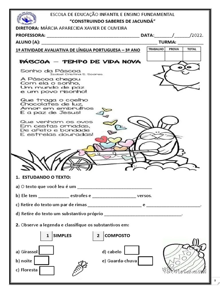 PROVA 3º ANO - PORTUGUES - 1º Bimestre - 2022 | PDF