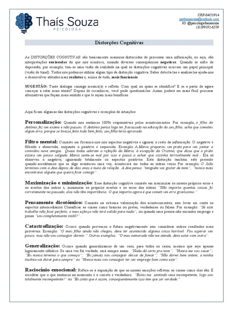 Distorções Cognitivas | PDF | Evidência | Emoções