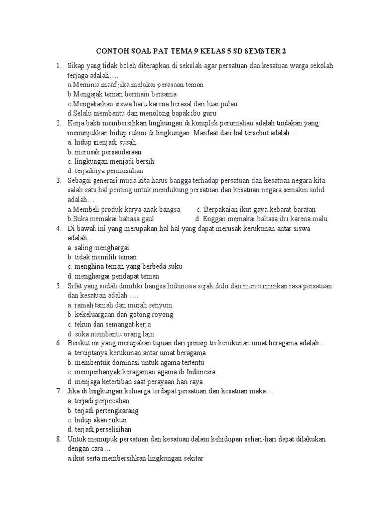 Contoh Soal Pat Tema 9 Kelas 5 SD Semster 2 | PDF