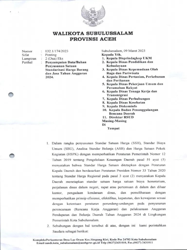 Surat Permintaan SSH, SBU, HSPK, ASB Dinkes 2024 | PDF