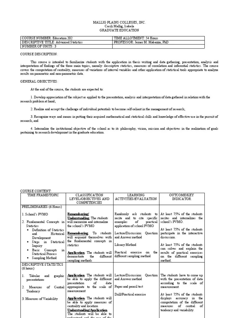 Advanced Statistics Course Syllabus | PDF | Statistics | Statistical ...