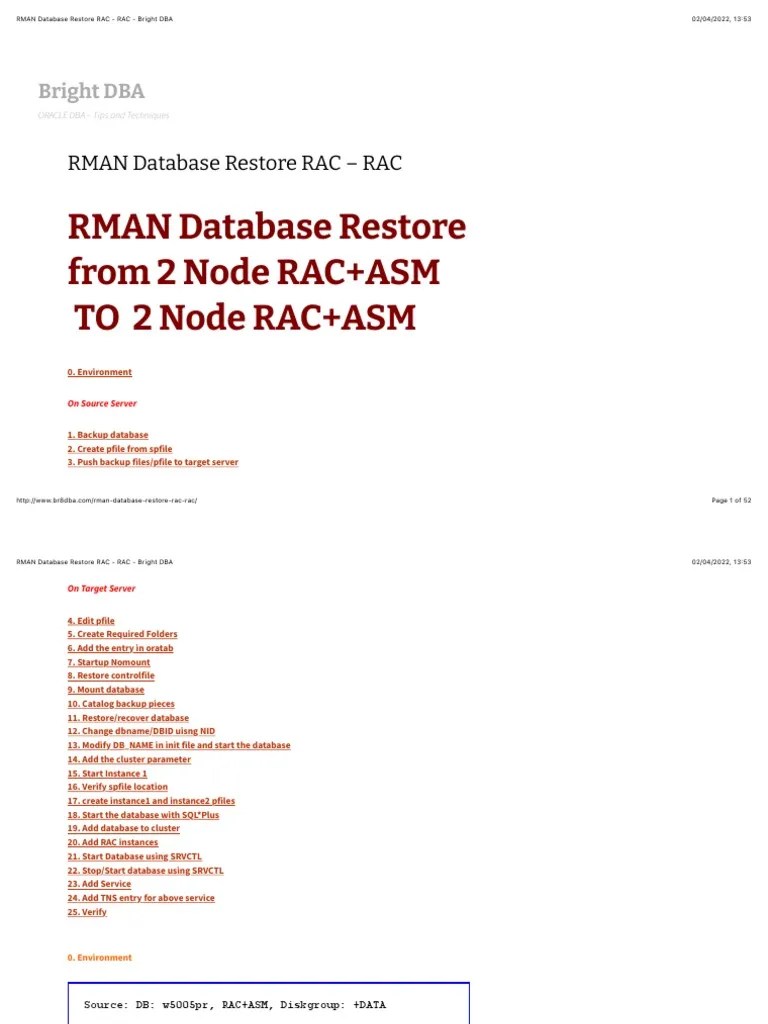 RMAN Database Restore RAC - RAC - Bright DBA | PDF | Backup | Databases