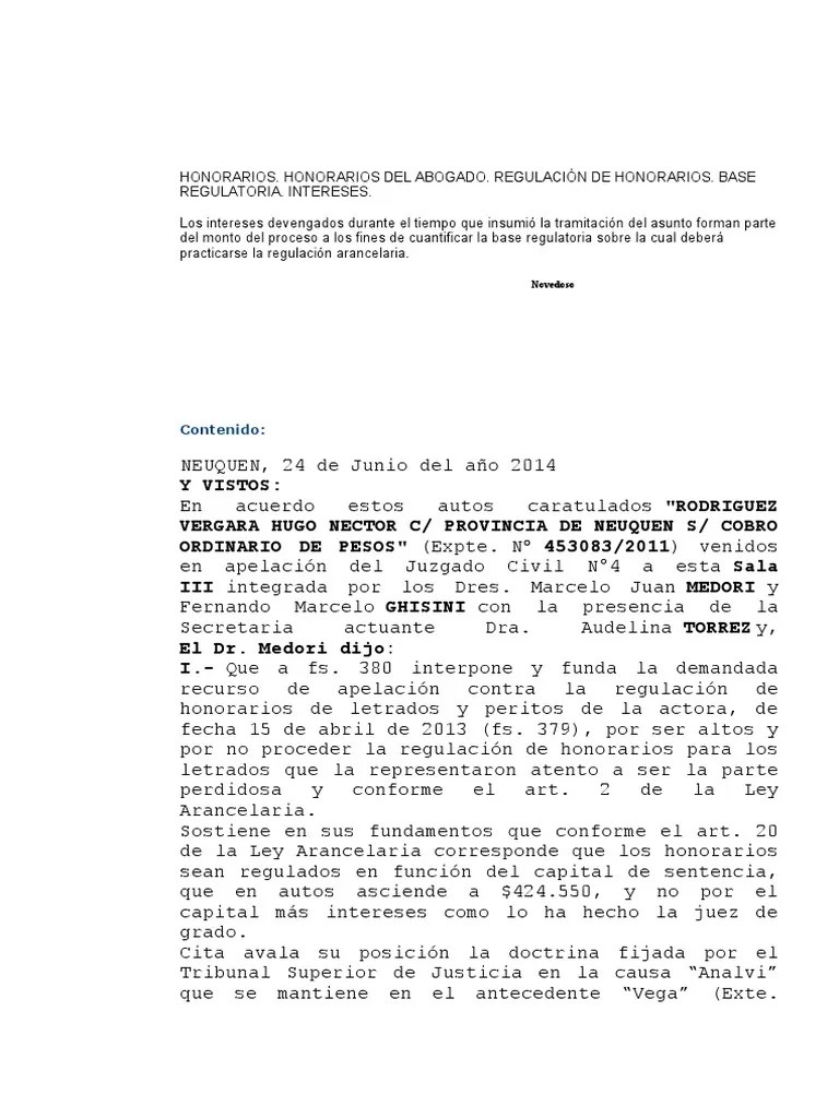 Honorarios. Honorarios Del Abogado. Regulación De Honorarios. Base Regulatoria. Intereses | PDF