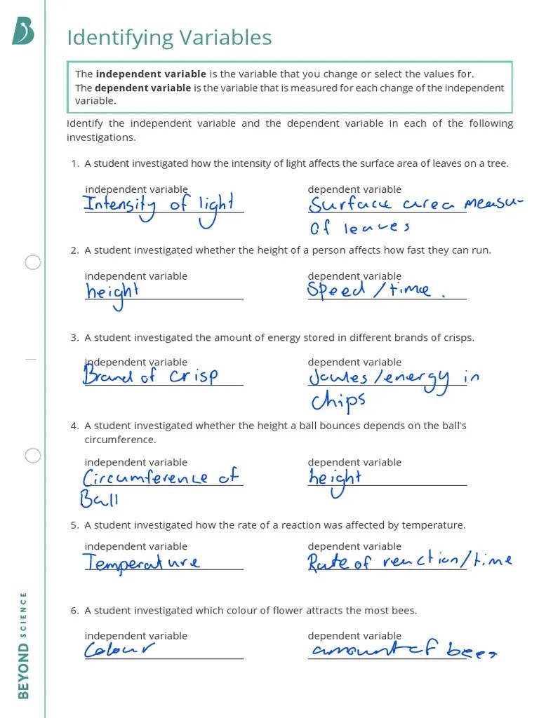 Identifying variables worksheet