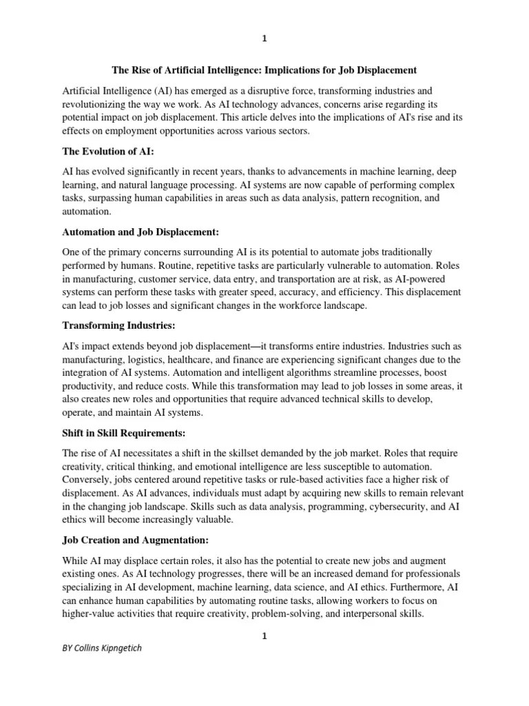 The Rise Of Artificial Intelligence Implications For Job Displacement | PDF