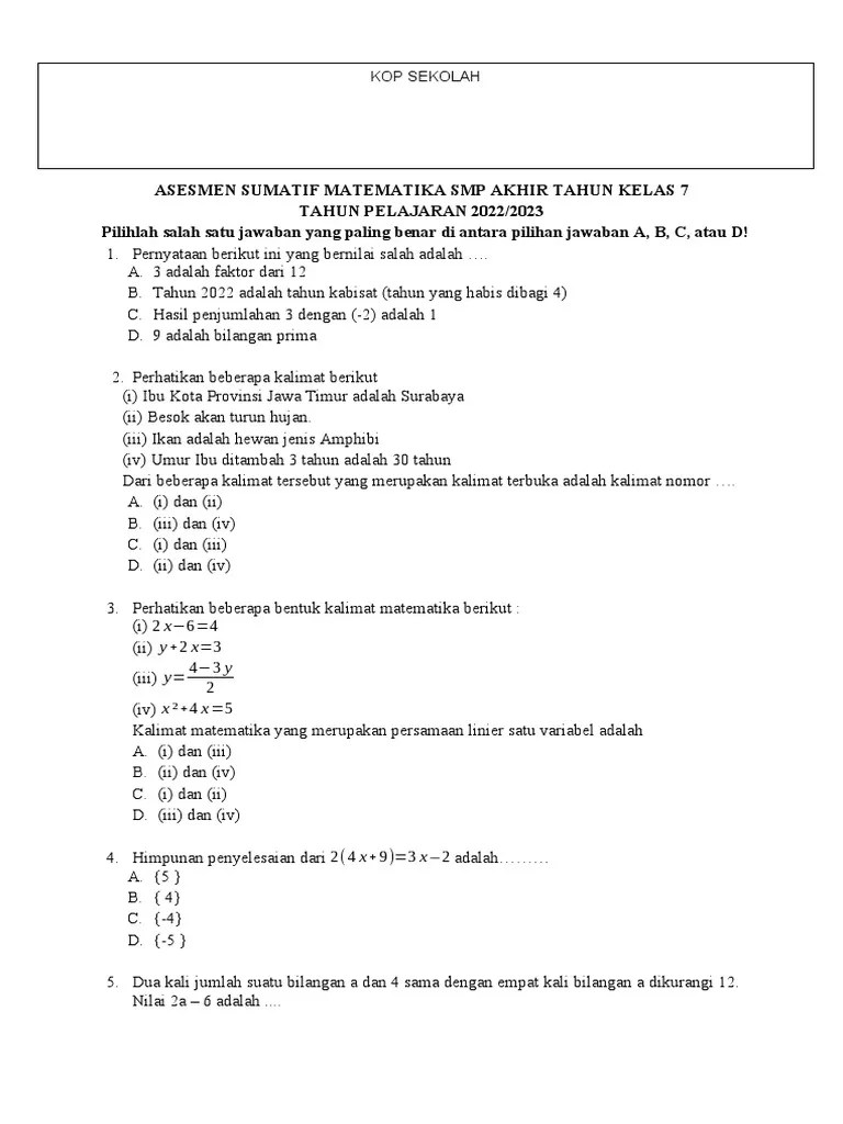Soal Sumatif Akhir Tahun Matematika Kelas 7 2022-2023 | PDF