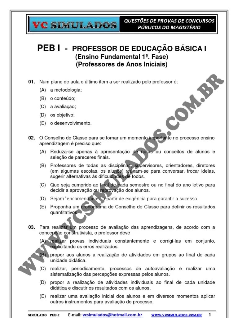 PEB - I - PROFESSOR DE EDUCAÇÃO BÁSICA I - SIMULADO 2012 - VCSIMULADOS ...
