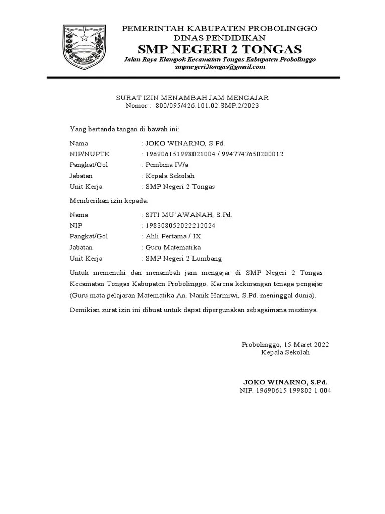 Surat Izin Menambah Jam Mengajar | PDF