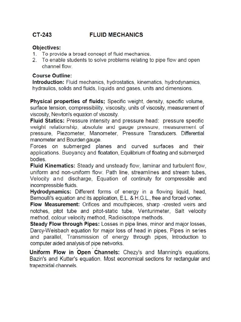 Fluid Mechanics Syllabus | PDF