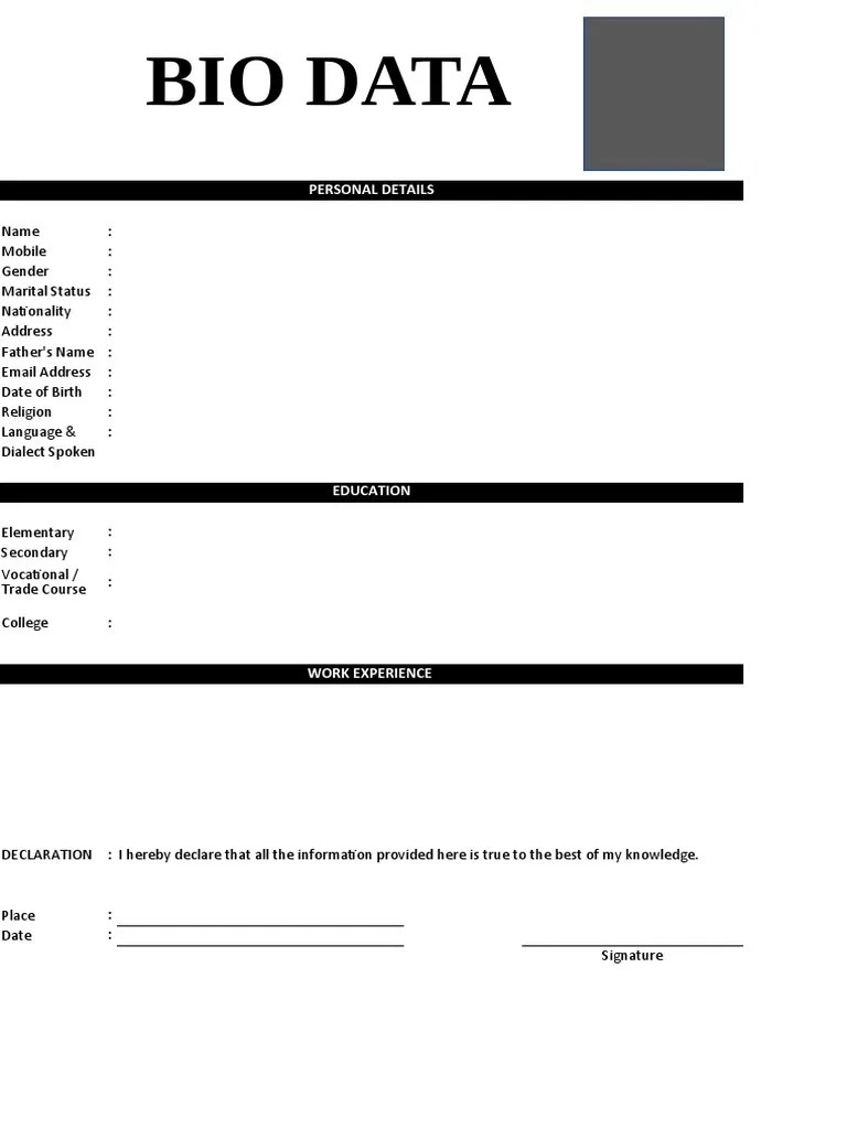BIO DATA Form BLANK | PDF