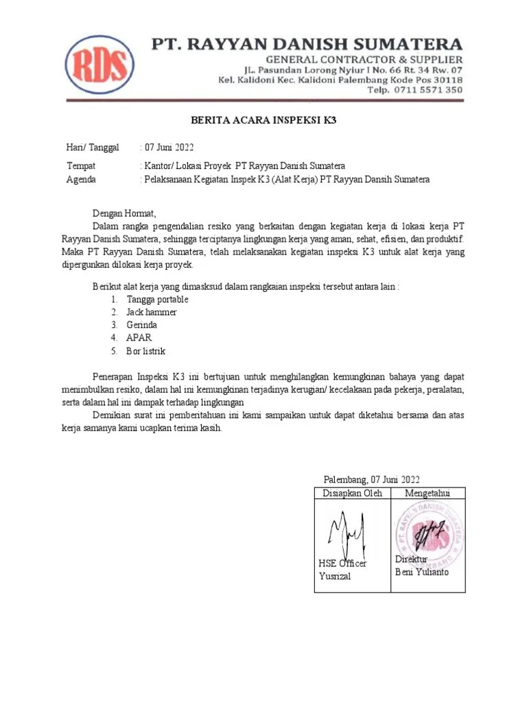 Berita Acar Inspeksi K3 Dan Tindak Lanjut | PDF | Bisnis | Sains ...