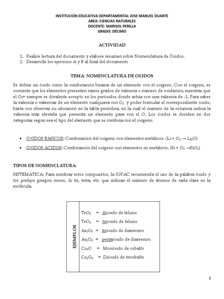 Taller 5 Química Nomenclatura De Oxidos | PDF