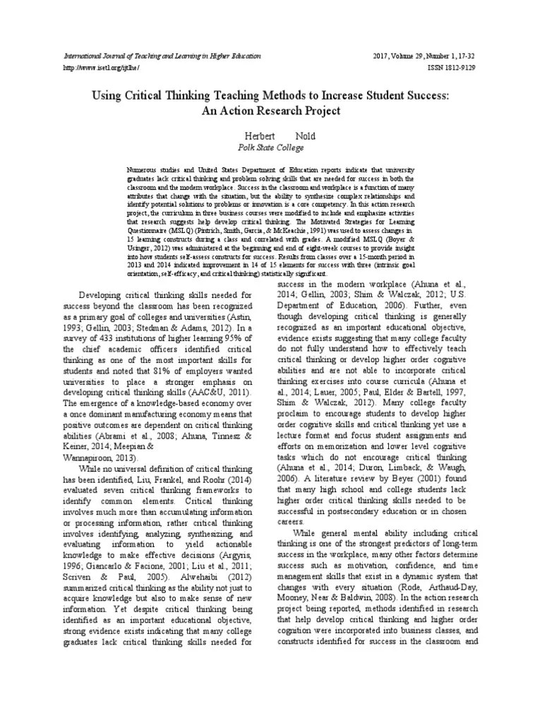 Using Critical Thinking Teaching Methods To Increase Student Success | PDF