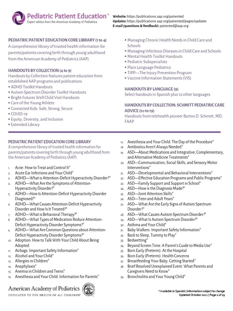 Aap pediatricpatienteducation list