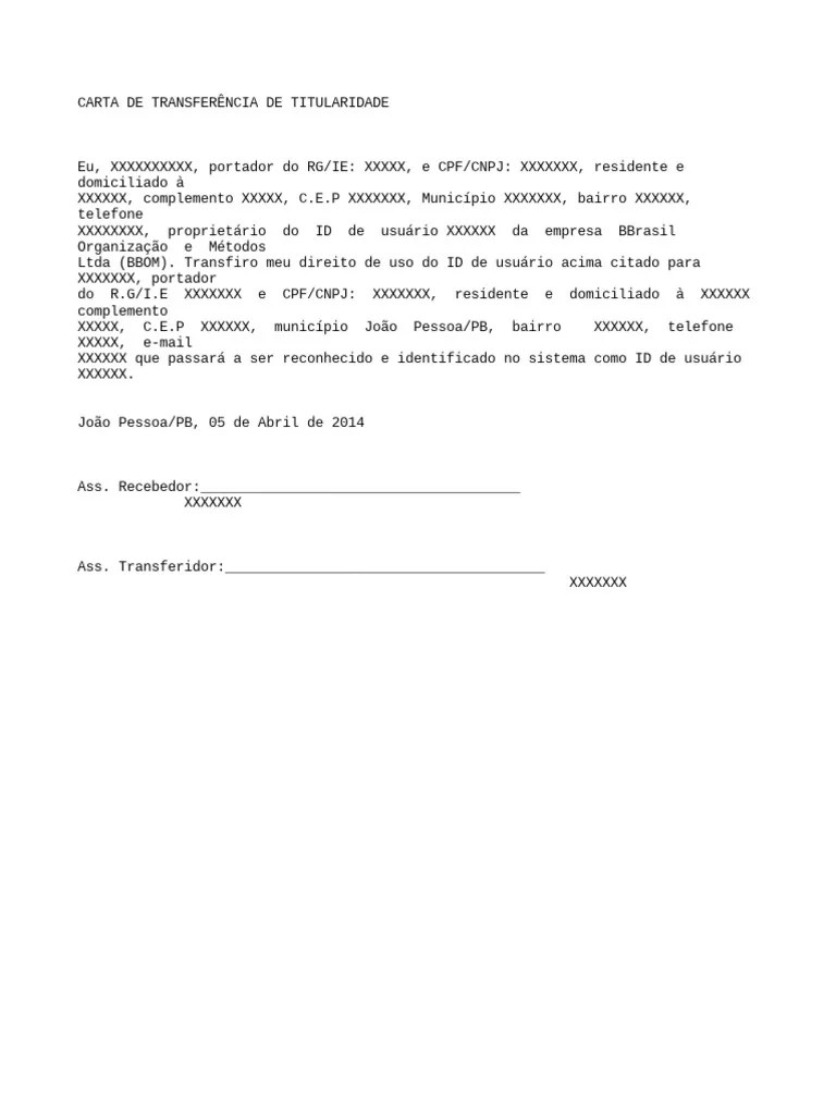224918097 modelo de carta de transferencia de titularidade