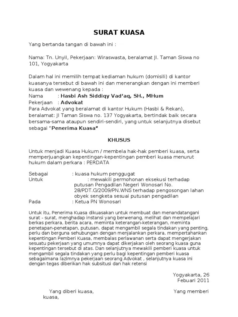 Format cerai talak hadhanah ghaib (hilang) 2 tahun/lebih. Contoh SURAT KUASA an Eksekusi Putusan