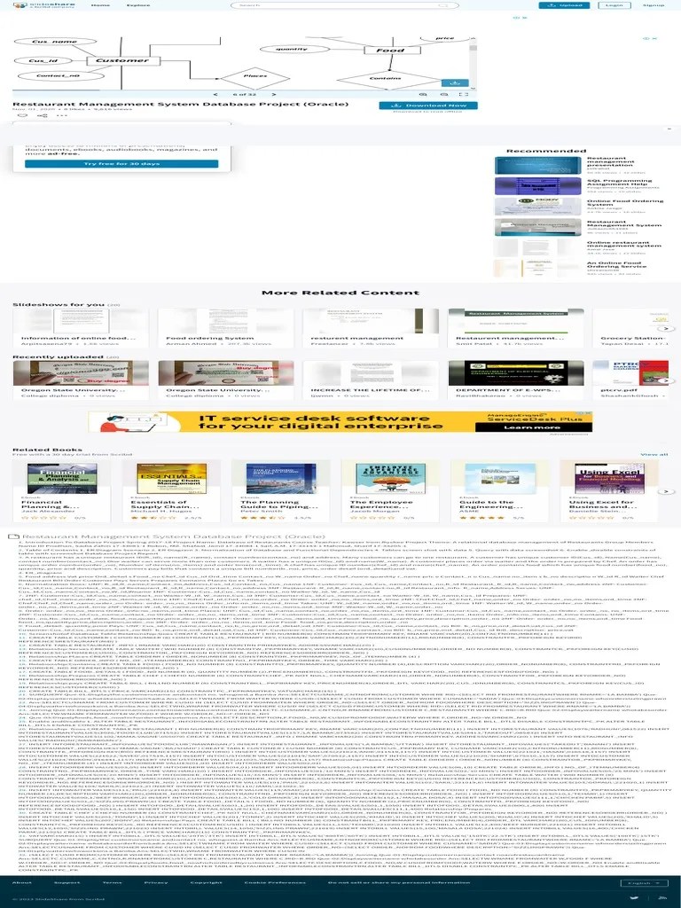 Restaurant Management System Database Project (Oracle) | PDF