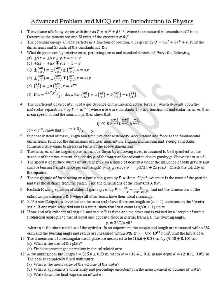 Advanced Problem Set On Introduction To Physics | PDF | Science ...