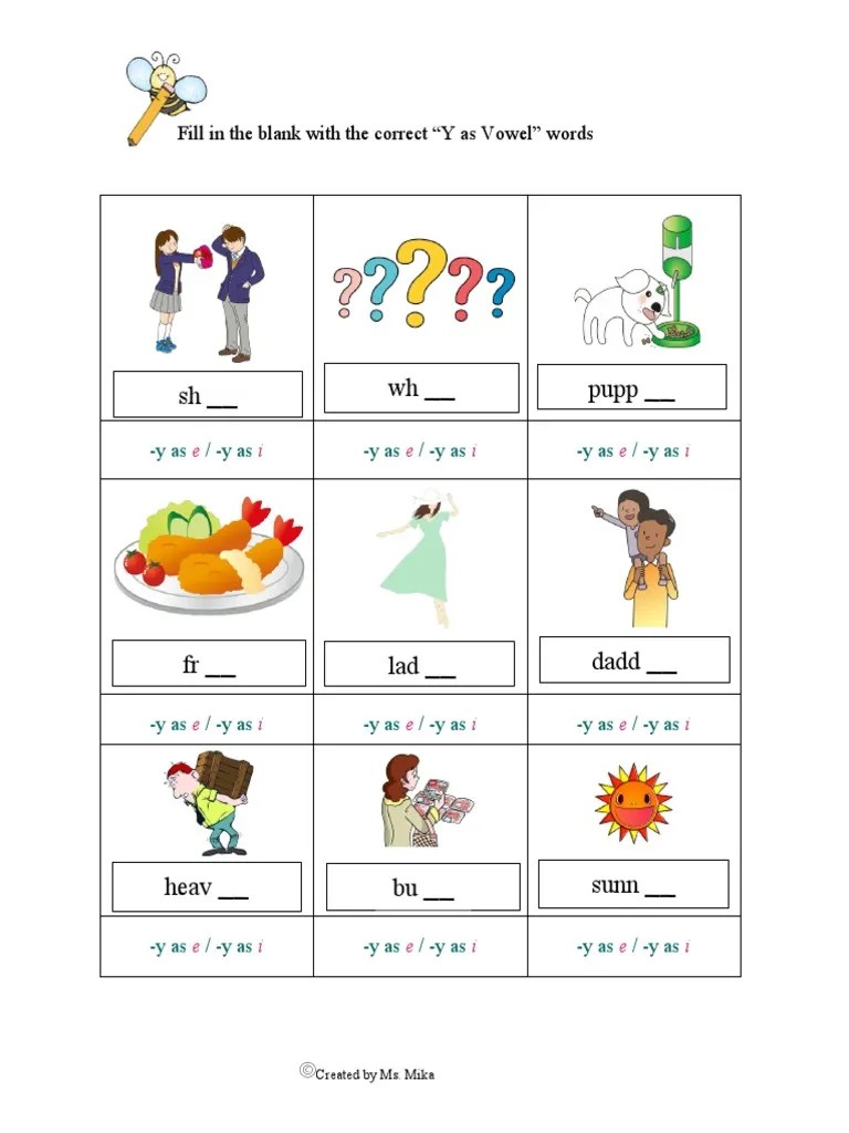Y as vowel review worksheet for hw