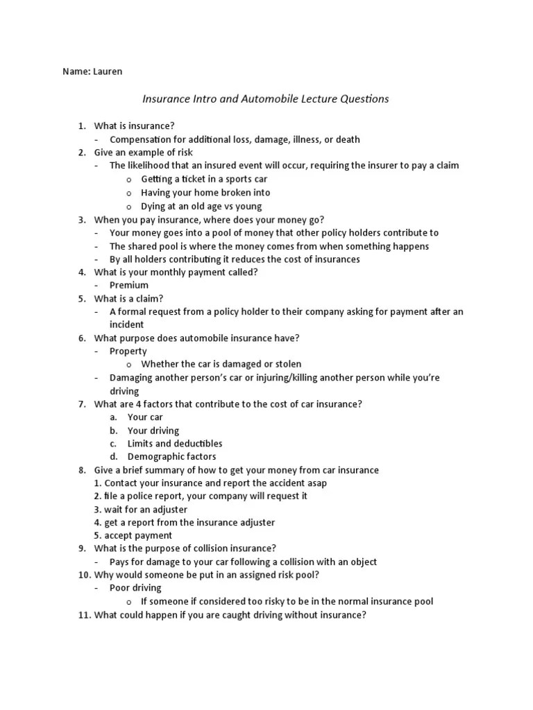 Insurance Intro And Automobile Lecture Questions | PDF