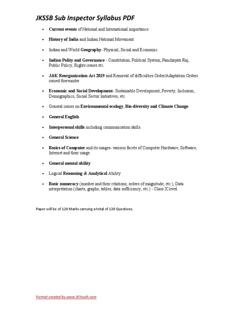 JKSSB Sub Inspector Syllabus | PDF