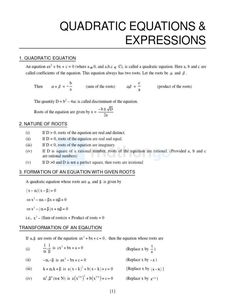 Quadratic Equation - Formula Sheet - MathonGo | PDF | Quadratic ...