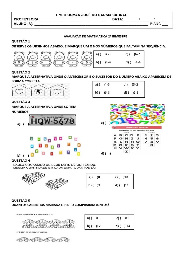 AVALIAÇÃO DE MATEMÁTICA 1º ANO | PDF