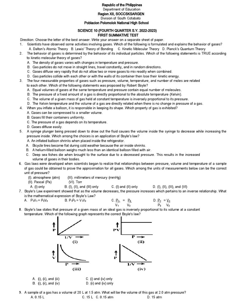 SCIENCE-01-4TH-QUARTER-SUMMATIVE-TEST-1 | PDF | Gases | Temperature