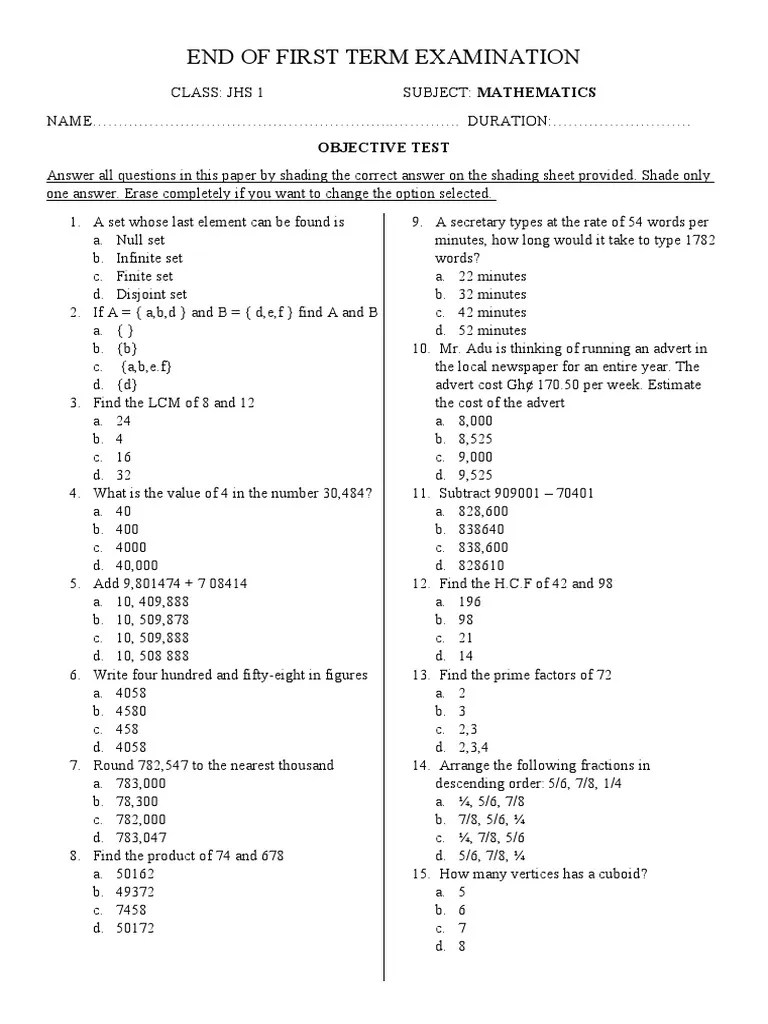 Maths JHS 1 - 1 | PDF | Area | Mathematics