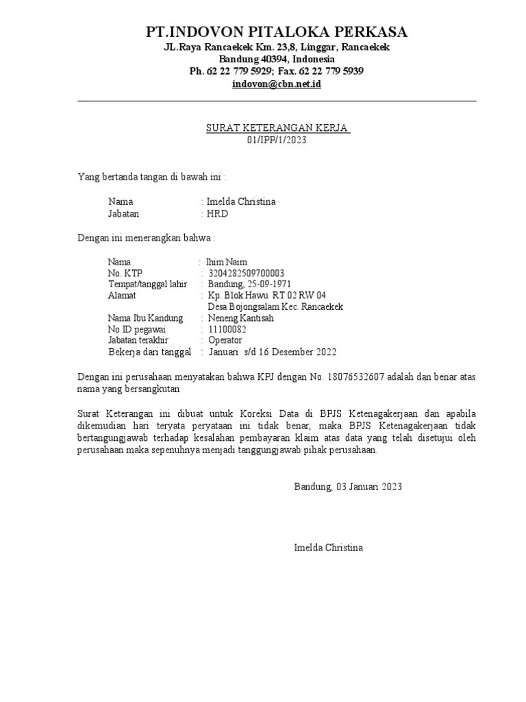 Surat Keterangan Karyawan - 2023 | PDF