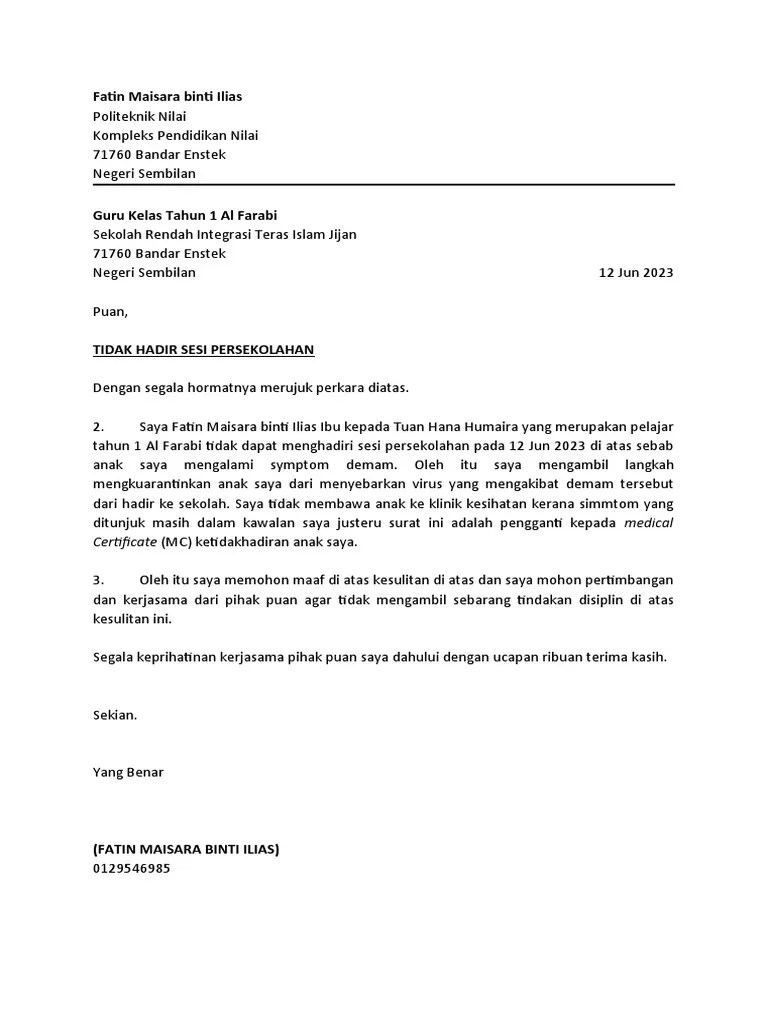 Surat Rasmi Anak Tidak Hadir Ke Sekolah | PDF