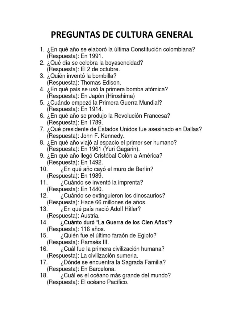 Preguntas De Cultura General | PDF | Oxígeno | Tierra