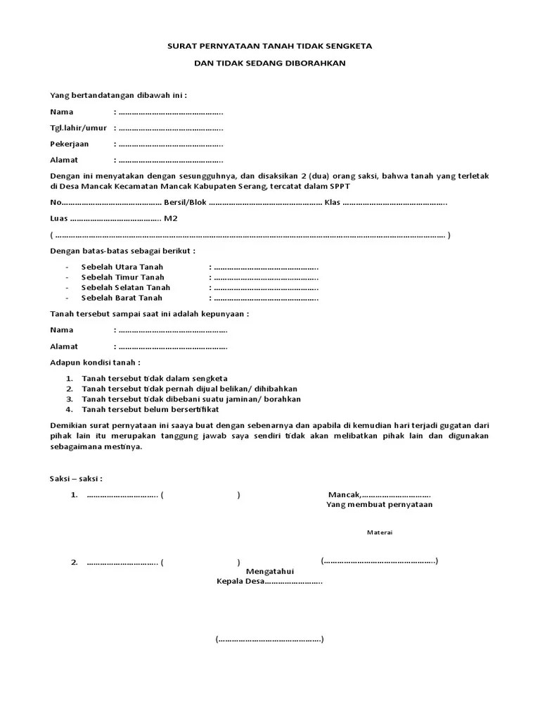 Surat Pernyataan Tanah Tidak Sengketa | PDF