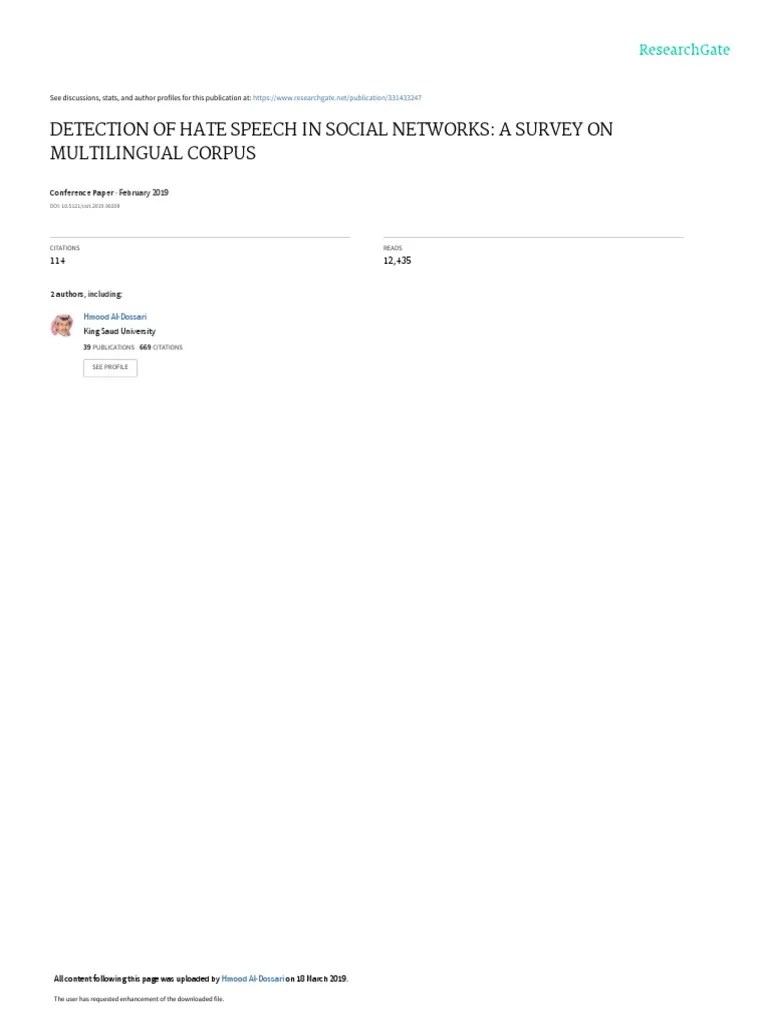 3 Detection Of Hate Speech In Social Networks A Surv | PDF | Deep ...