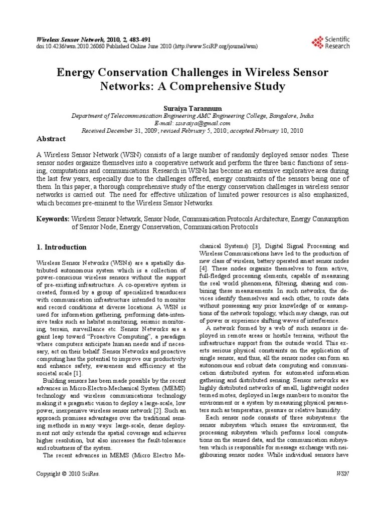 Energy Conservation Challenges In Wireless Sensor | PDF | Wireless ...