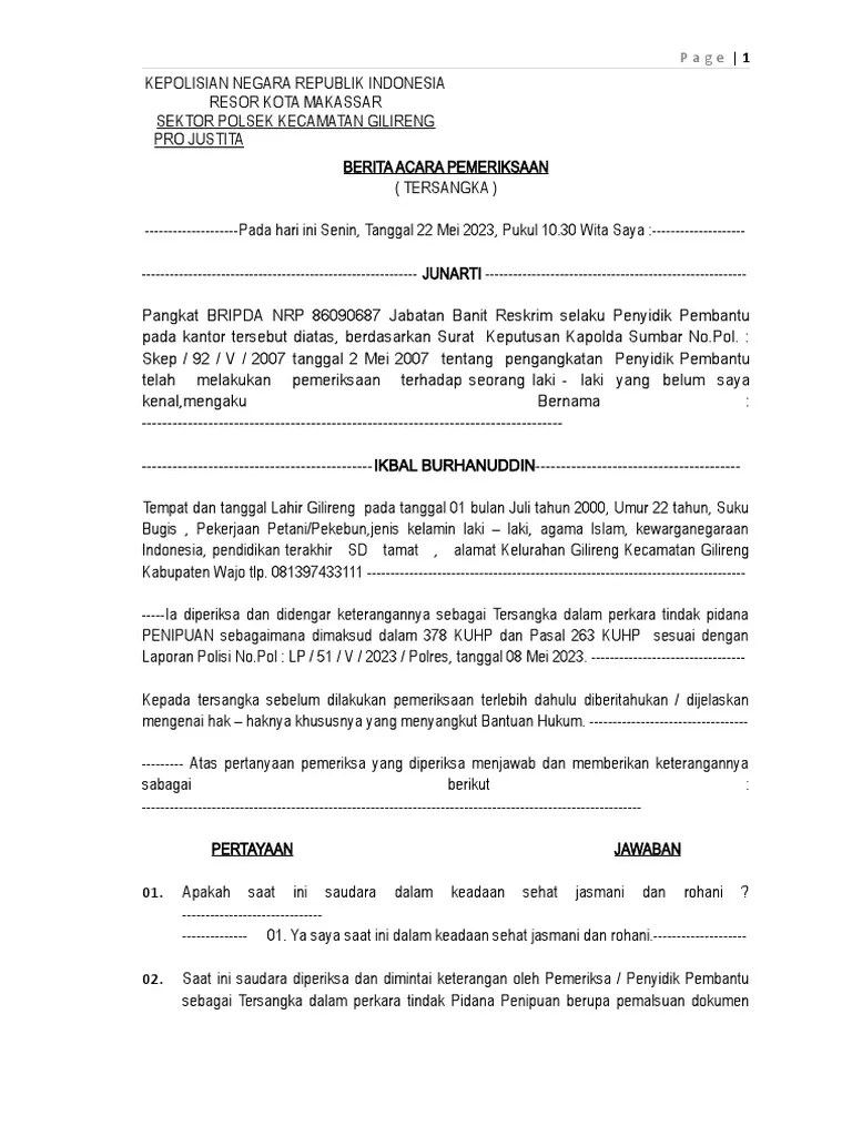 Berita Acara Pemeriksaan Tersangka | PDF