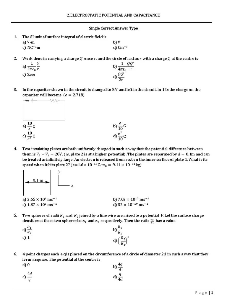 Electrostatic Potential And Capacitance MCQs | PDF | Capacitor | Capacitance