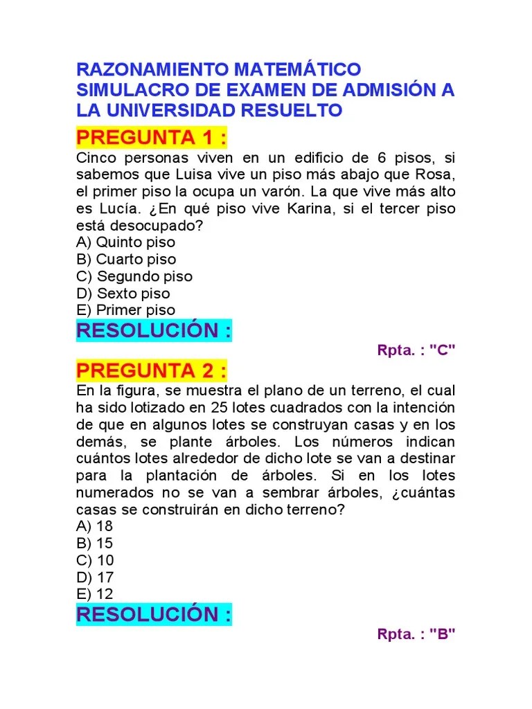 Razonamiento Matemático Simulacro De Examen De Admisión A La Universidad Resuelto | PDF | Tren