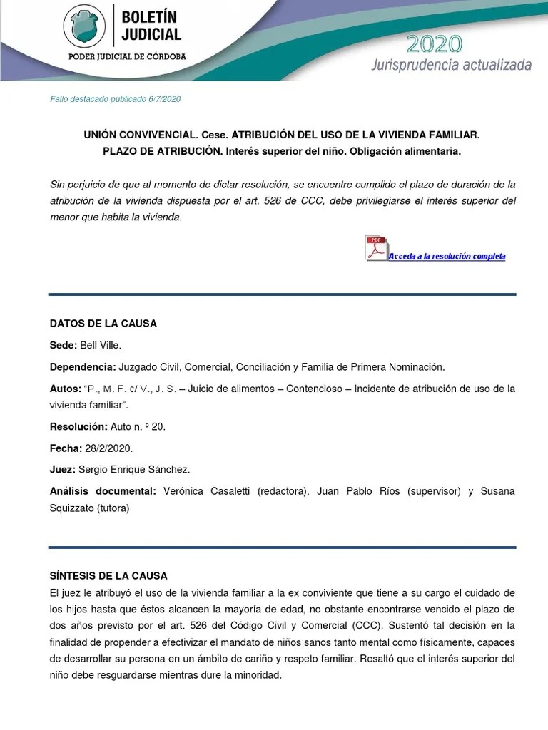 Familia Unión Convivencial Cese Atribución Del Uso De La Vivienda Familiar Plazo De Atribución ...
