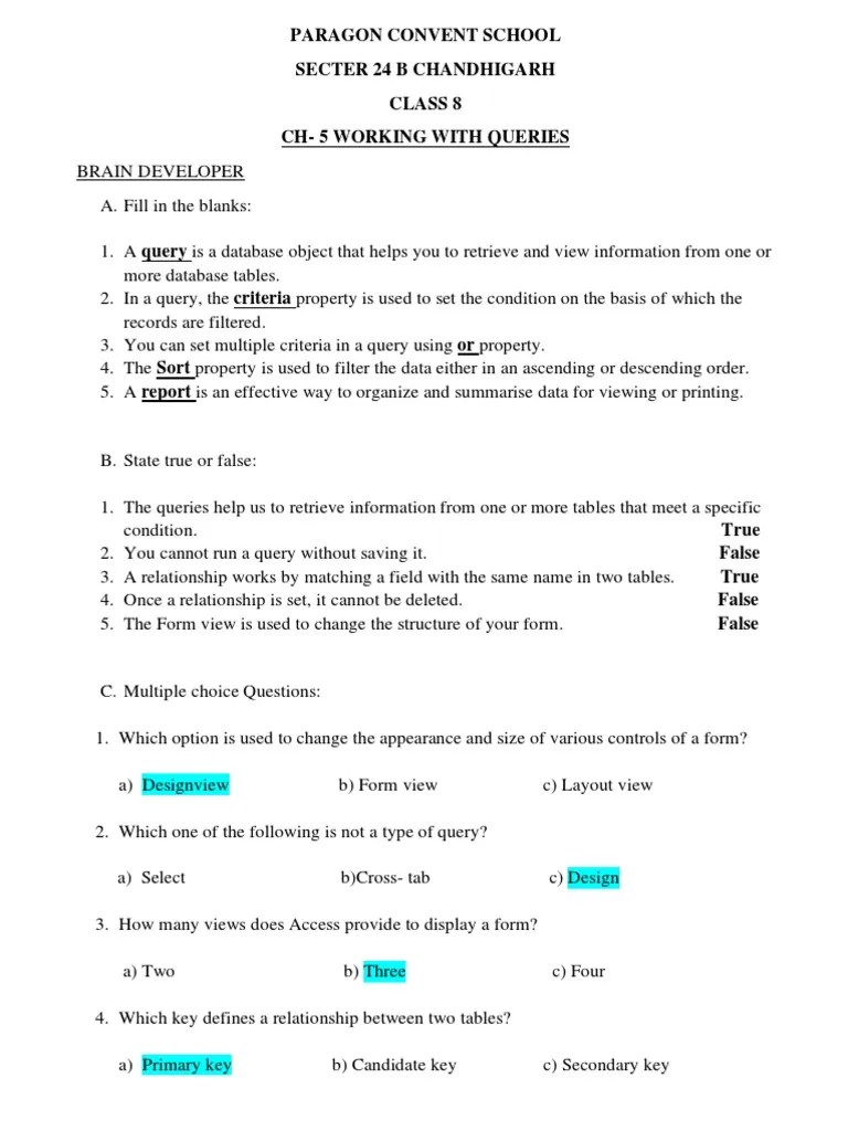 Class 8 Ch 5 Working With Queries | PDF | Databases | Microsoft Access