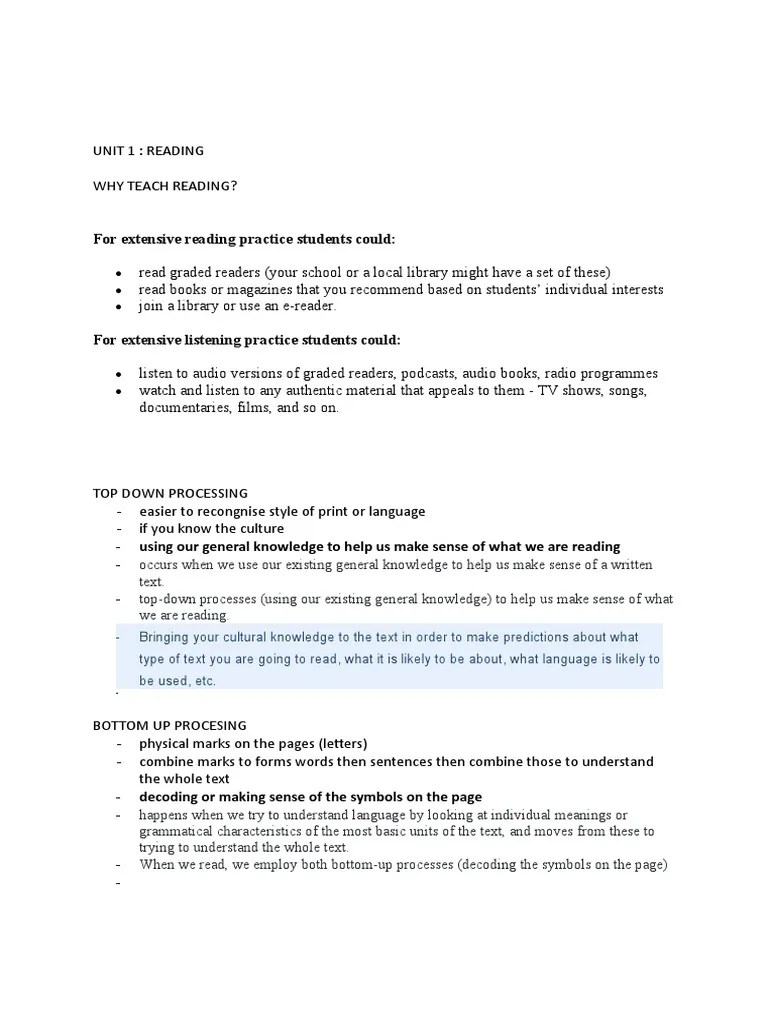 Unit 5 Tefl - Teaching Receptive Skills | PDF | Reading Comprehension | Top Down And Bottom Up ...