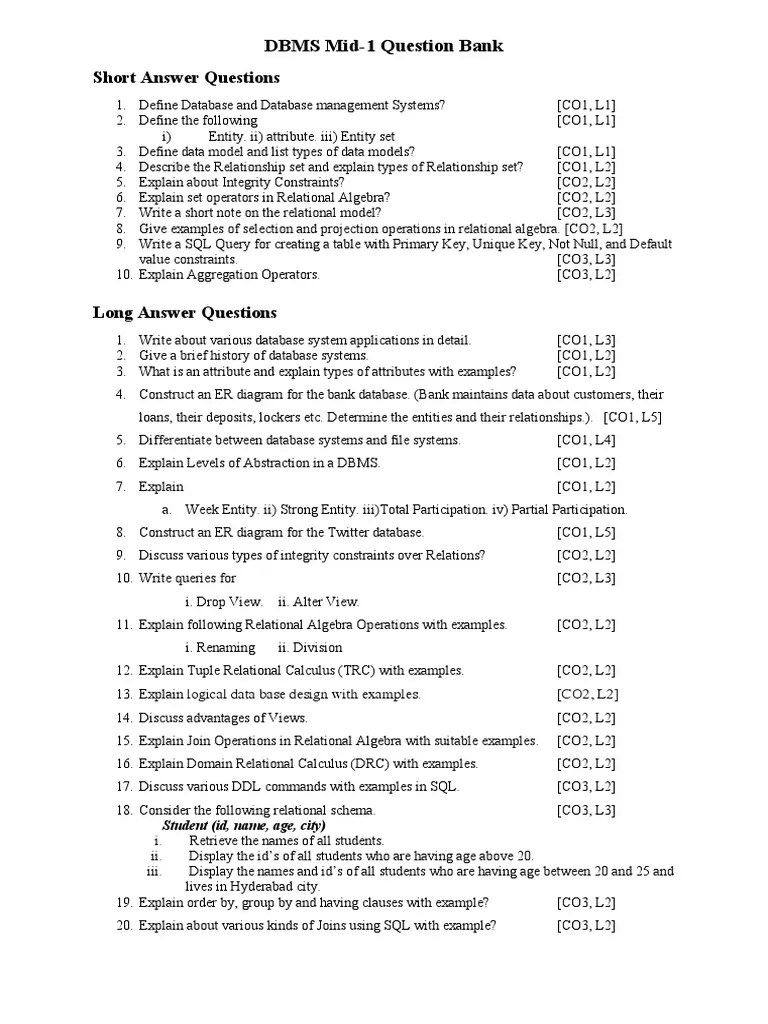 DBMS Question Bank | PDF | Relational Model | Databases