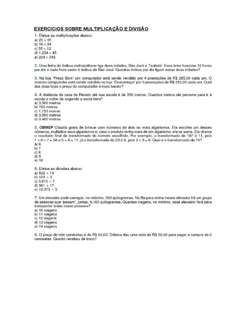 Exercicios Sobre Multiplicacao E Divisao | PDF