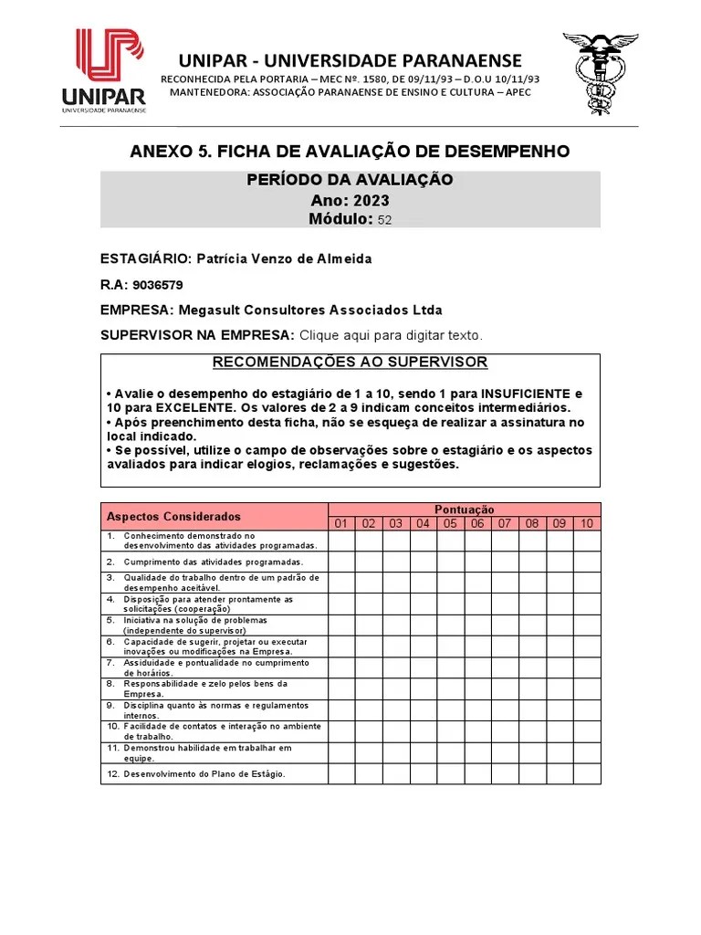 Ficha De Avaliação De Desempenho | PDF