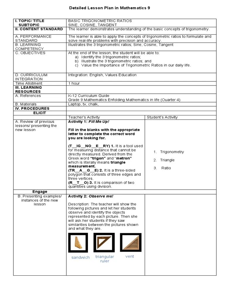 Detailed Lesson Plan In Mathematics 9 | PDF | Trigonometry | Triangle